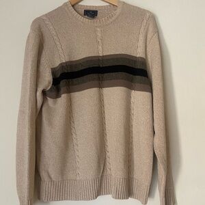 Men's Beige Cable-Knit Crewneck Sweater with Striped Chest - Unbranded